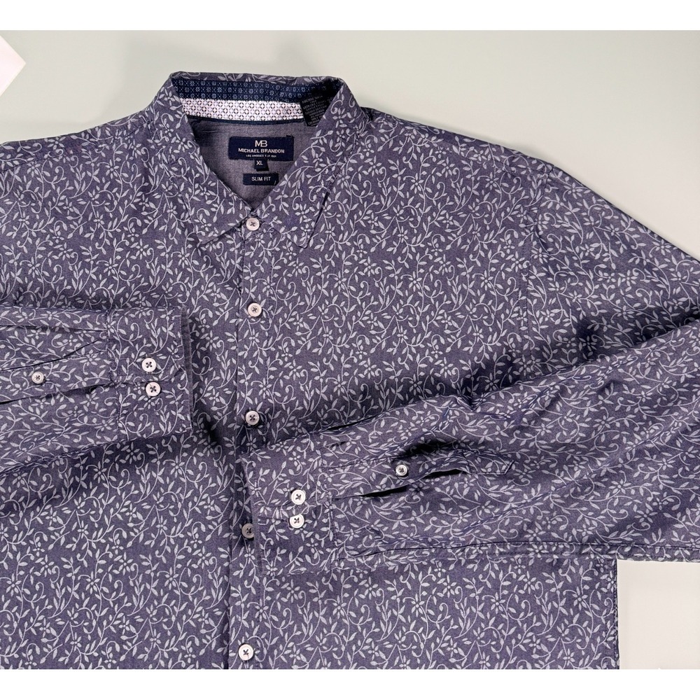 Micheal Brandon Slim Fit Shirt Men's XL Blue w/ leaf Motif  Button‎ up DadCore